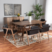 Baxton Studio RDC828-BlackWalnut-7PC Dining Set Baxton Studio Marcena Mid-Century Modern Black Imitation Leather Upholstered and Walnut Brown Finished Wood